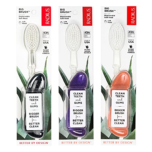 RADIUS Big Brush with Replaceable Head BPA Free & ADA Accepted Toothbrush Designed to Improve Gum Health & Reduce Gum Issues - Left Hand - Purple/Sea Shell/Midnight Sky - Pack of 3 - Image 1