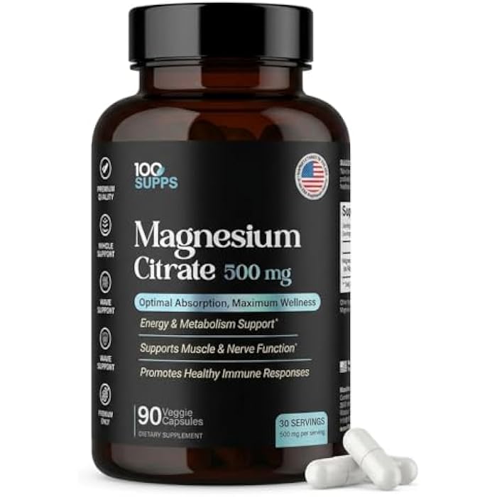 100 Supps Magnesium Citrate 500mg – 90 Capsules | 30-Day Supply | High Absorption Magnesium for Muscle, Nerve & Energy Support | Vegan, Gluten-Free, Non-GMO | Made in USA - Image 1
