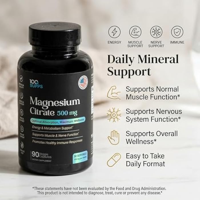 100 Supps Magnesium Citrate 500mg – 90 Capsules | 30-Day Supply | High Absorption Magnesium for Muscle, Nerve & Energy Support | Vegan, Gluten-Free, Non-GMO | Made in USA - Image 5