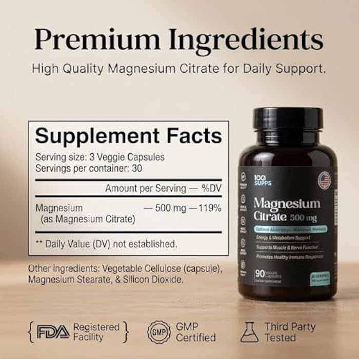 100 Supps Magnesium Citrate 500mg – 90 Capsules | 30-Day Supply | High Absorption Magnesium for Muscle, Nerve & Energy Support | Vegan, Gluten-Free, Non-GMO | Made in USA - Image 3