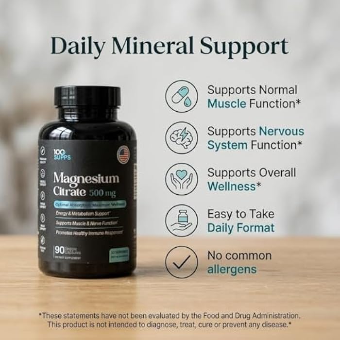 100 Supps Magnesium Citrate 500mg – 90 Capsules | 30-Day Supply | High Absorption Magnesium for Muscle, Nerve & Energy Support | Vegan, Gluten-Free, Non-GMO | Made in USA - Image 2