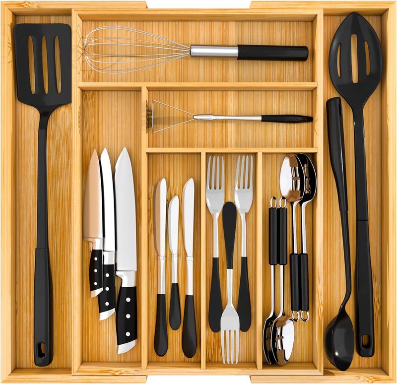 Arabest Bamboo Silverware Organizer-Kitchen Utensil Organizer Silverware Organizer Silverware Tray For Drawer, Expandable Bamboo Kitchen Drawer Organizer, Large Utensil Cutlery Organizer Holder