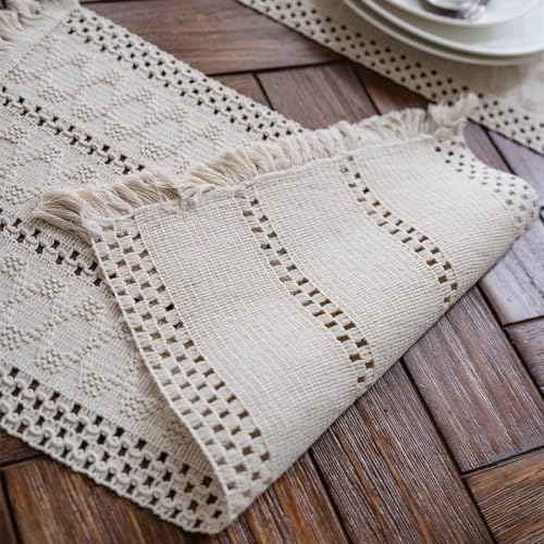 Alynsehom Macrame Table Runner Cream Beige Boho Table Runners with Tassels Hand Woven Cotton Table Runner Rustic Farmhouse Table Runners for Bohemian Kitchen Dining Table(12x36in) - Image 4