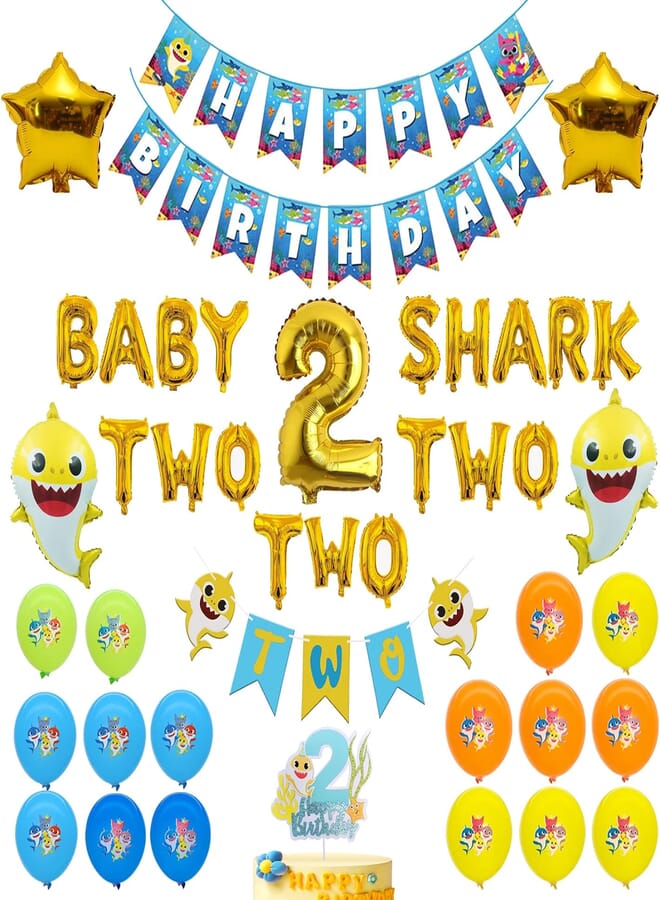 Shark Baby 2nd Birthday Decorations Boy - Gold Shark TWO TWO TWO Balloons,High Chair Banner Two,Cake Topper 2 for Baby Two Birthday Decorations Party Supplies