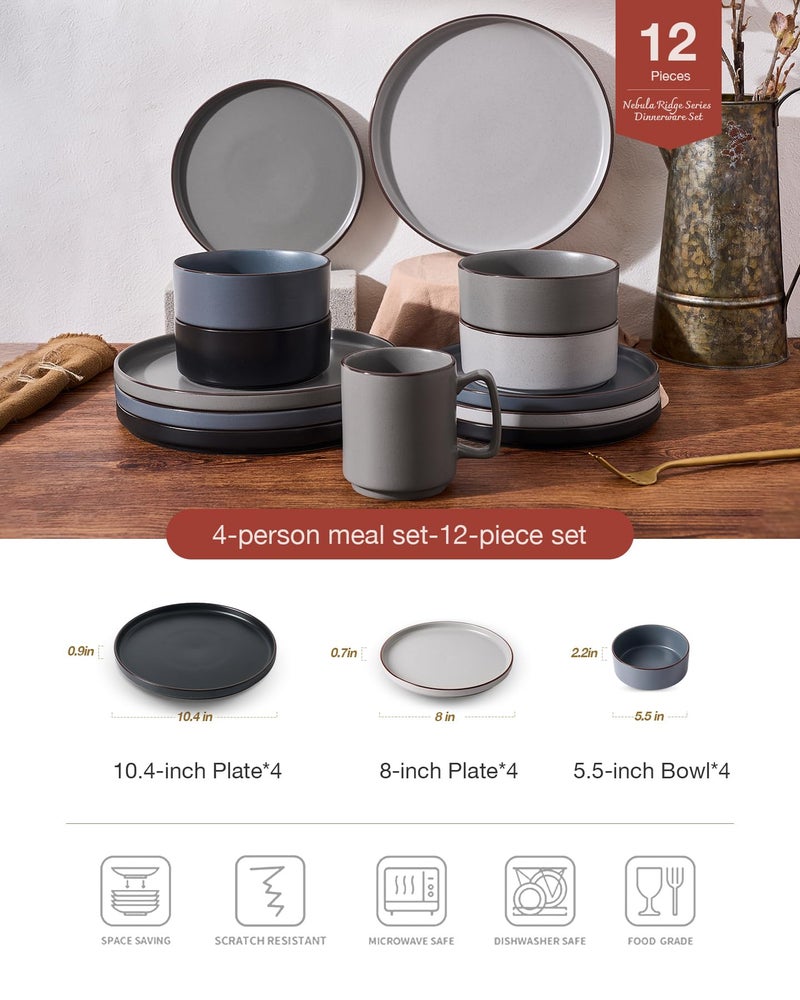 Famiware Nebula Ridge Stoneware Dinnerware Sets, Plates and Bowls Sets for 4, 12 Pieces Dishes Set, Microwave and Dishwasher Safe Kitchen Plates, Multi-color - Image 2