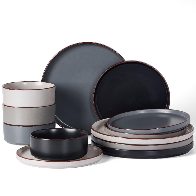 Famiware Nebula Ridge Stoneware Dinnerware Sets, Plates and Bowls Sets for 4, 12 Pieces Dishes Set, Microwave and Dishwasher Safe Kitchen Plates, Multi-color - Image 1