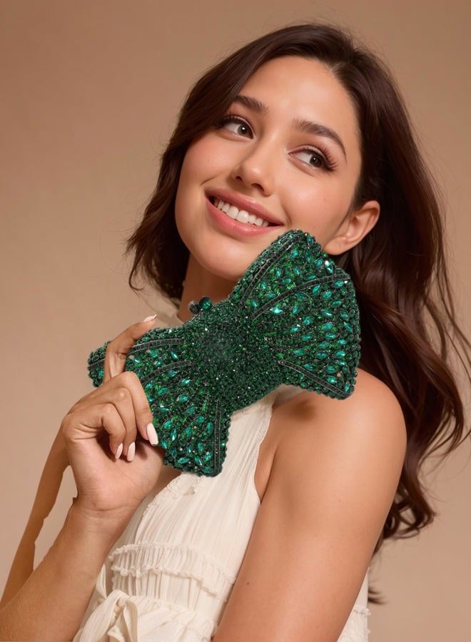 Tngan Women Luxury Bowknot Shaped Evening Clutch Sparkling Rhinestones Handbag for Banquet Wedding Party, A-green - Image 3