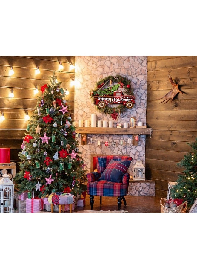 SICOHOME Truck Merry Christmas Sign - Truck Welcome Sign for Front Door - Merry Christmas Sign Door Decoration Christmas Red Truck Wreath Farmhouse Porch Door Sign for Indoor Outdoor Decor - Image 2