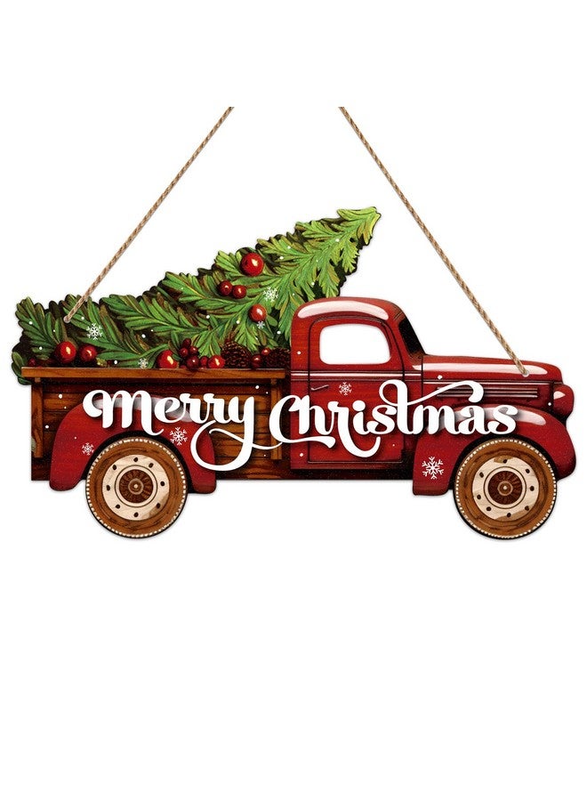 SICOHOME Truck Merry Christmas Sign - Truck Welcome Sign for Front Door - Merry Christmas Sign Door Decoration Christmas Red Truck Wreath Farmhouse Porch Door Sign for Indoor Outdoor Decor - Image 1