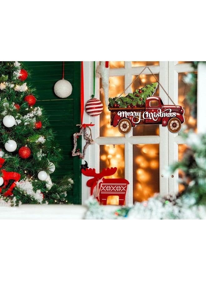 SICOHOME Truck Merry Christmas Sign - Truck Welcome Sign for Front Door - Merry Christmas Sign Door Decoration Christmas Red Truck Wreath Farmhouse Porch Door Sign for Indoor Outdoor Decor - Image 4