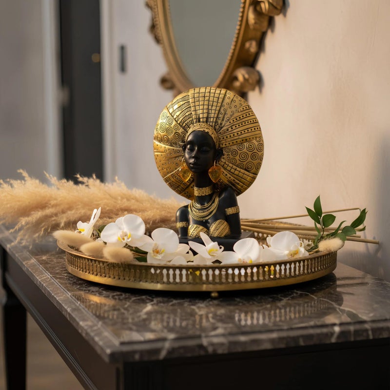 Lescafita African Woman Statue with Gold Sunburst Headdress â€“ Resin Figurine with Tribal Jewelry, Afrocentric Home Decor Accent, Cultural Sculpture Gift for Women - Image 4