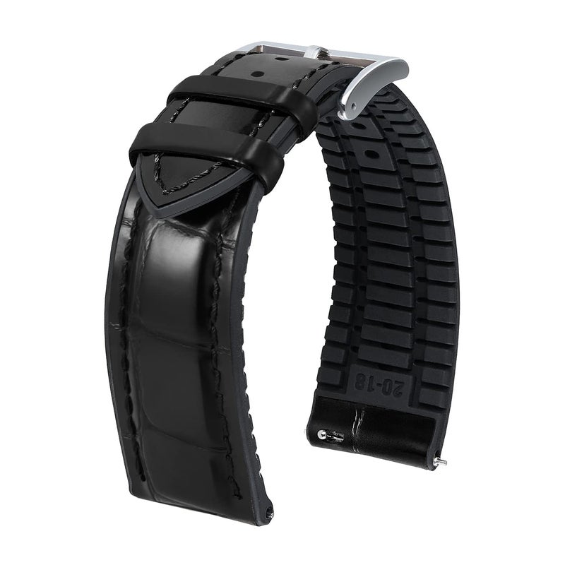 BINLUN Leather Watch Band 22mm Quick Release Premium Alligator Pattern Leather and Breathable Silicone Hybrid Watch Bands Replacement Strap for Men Women (Black,Silver Buckle) - Image 1