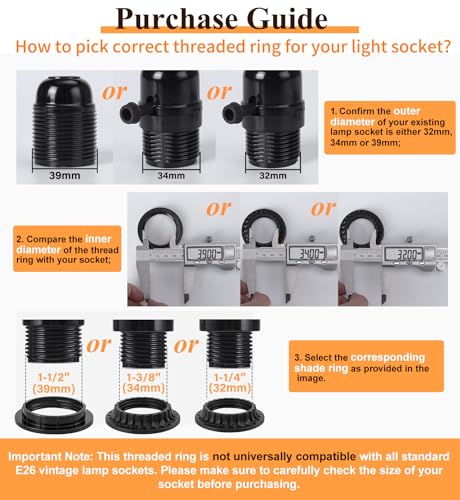 DiCUNO Lamp Shade Rings, E26 Light Socket Collar Ring, Black Threaded Reducer 1-3/8 Inches (34mm) and 1-1/2 Inch (39mm), Hanging Lamp Holder Parts, (34mm * 2pcs; 39mm * 2pcs) - Image 2