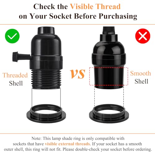 DiCUNO Lamp Shade Rings, E26 Light Socket Collar Ring, Black Threaded Reducer 1-3/8 Inches (34mm) and 1-1/2 Inch (39mm), Hanging Lamp Holder Parts, (34mm * 2pcs; 39mm * 2pcs) - Image 4