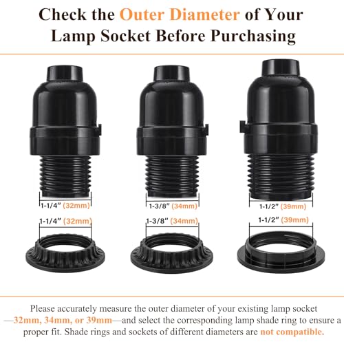 DiCUNO Lamp Shade Rings, E26 Light Socket Collar Ring, Black Threaded Reducer 1-3/8 Inches (34mm) and 1-1/2 Inch (39mm), Hanging Lamp Holder Parts, (34mm * 2pcs; 39mm * 2pcs) - Image 3