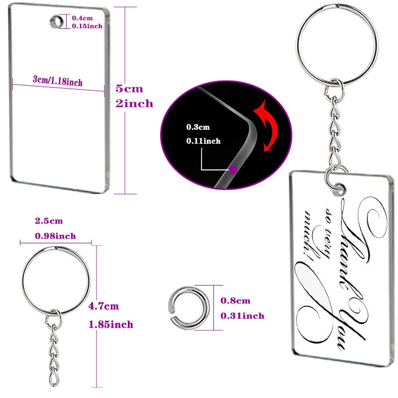 ArtCute 90 Pieces Clear Acrylic Keychain Blanks Rectangle 2 Inch Plastic Clear Keychain Rectangle Blank for Vinyl with Key Chain Rings for DIY Projects & Crafts - Image 2