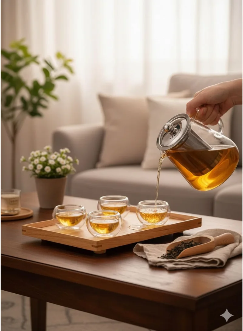 1Chase Borosilicate Glass Teapot 950 ML With Double Wall Glass 50 ML pack of 6