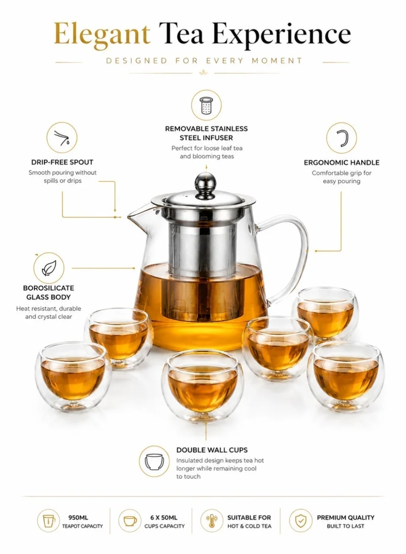 1Chase  Borosilicate Glass Teapot 950 ML With Double Wall Glass 50 ML pack of 6  | Best Price UAE