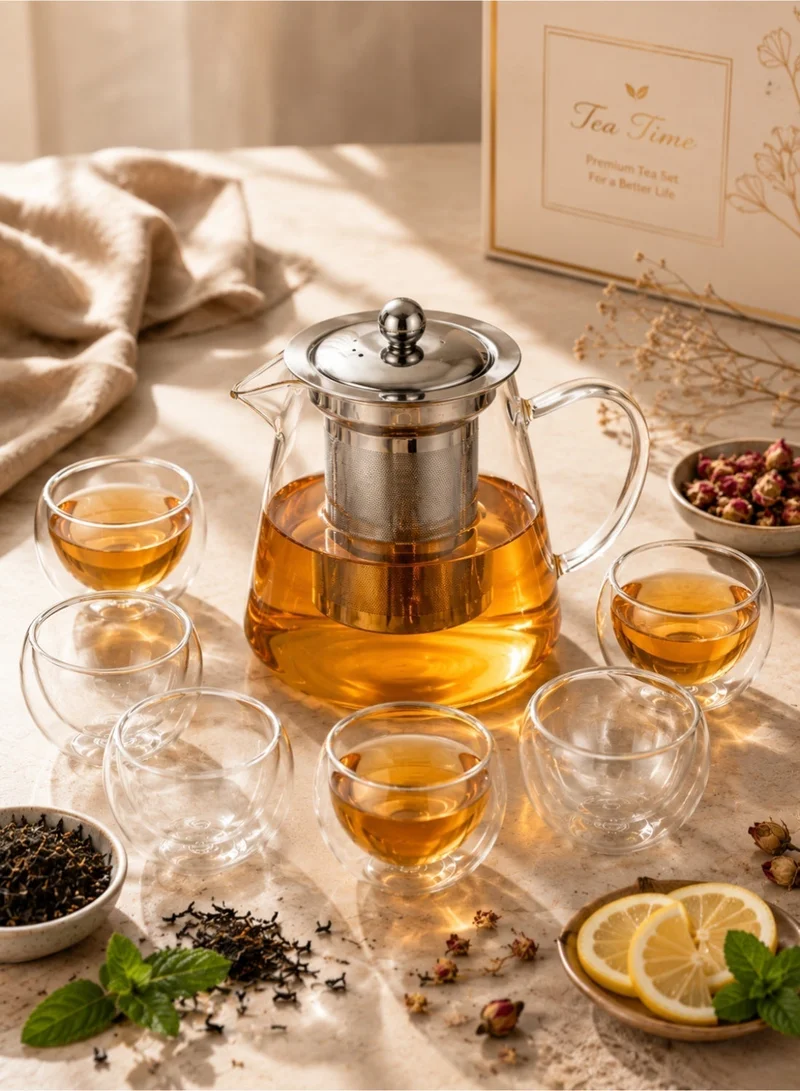 1Chase  Borosilicate Glass Teapot 950 ML With Double Wall Glass 50 ML pack of 6  | Best Price UAE