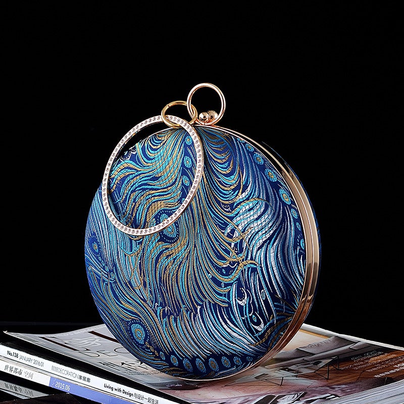 New Fashion Chinese Style Peacock Feather Embroidered Cheongsam Women'S Bag Hanfu Antique Bag Round Pu Bag Crossbody Bag - Image 2