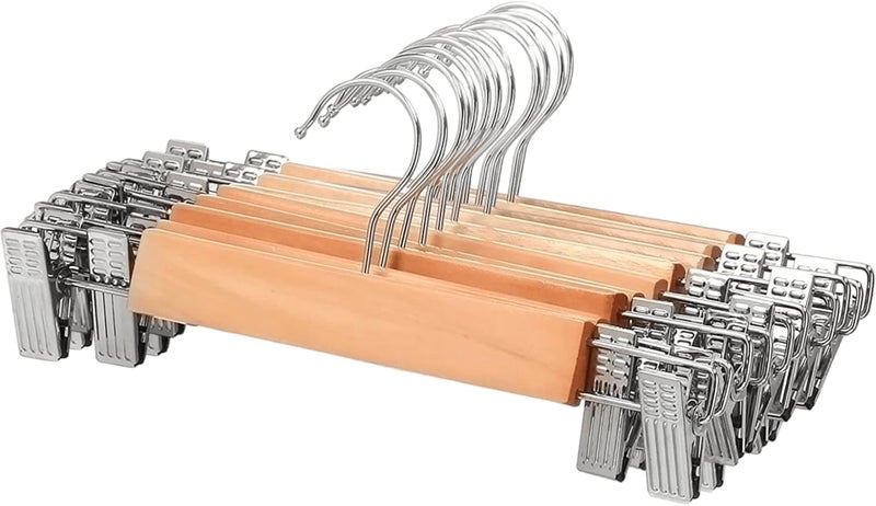 Home-it 10 PACK Wood skirt hangers with Clips or pants hangers with clips (Natural color) pant hangers High Quality trouser hangers - Image 1