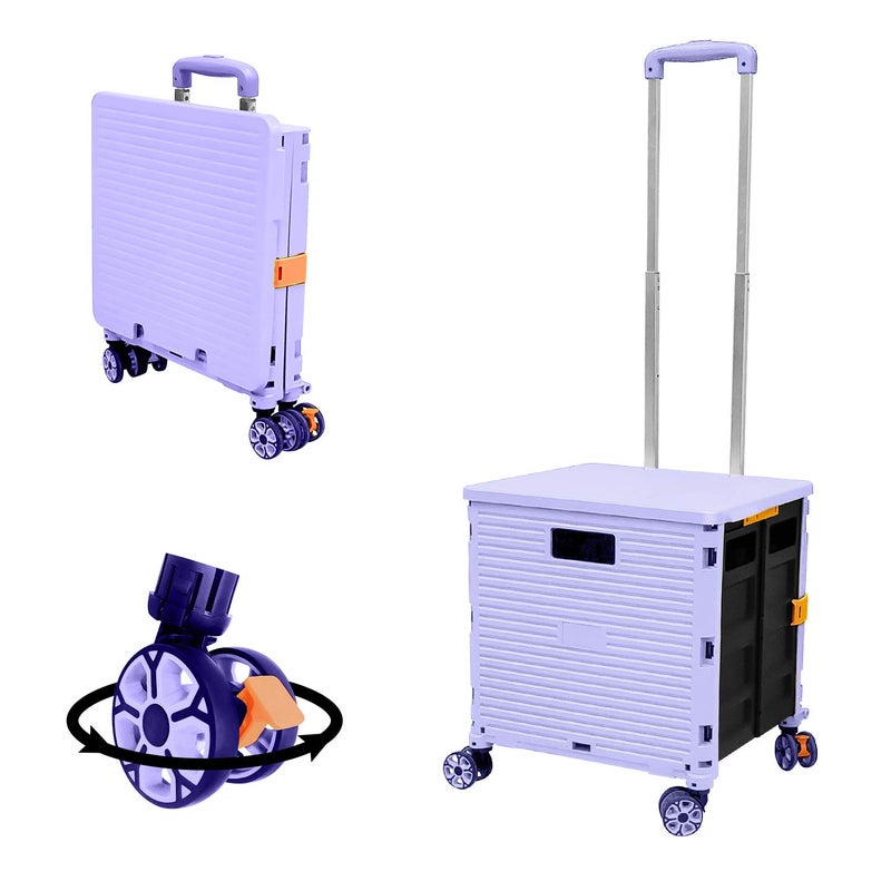 FELICON SELORSS Foldable Utility Cart Folding Portable Rolling Crate Handcart with Durable Heavy Duty Plastic Telescoping Handle Collapsible 4 Rotate Wheels for Travel Shop Move Luggage OfficePurple