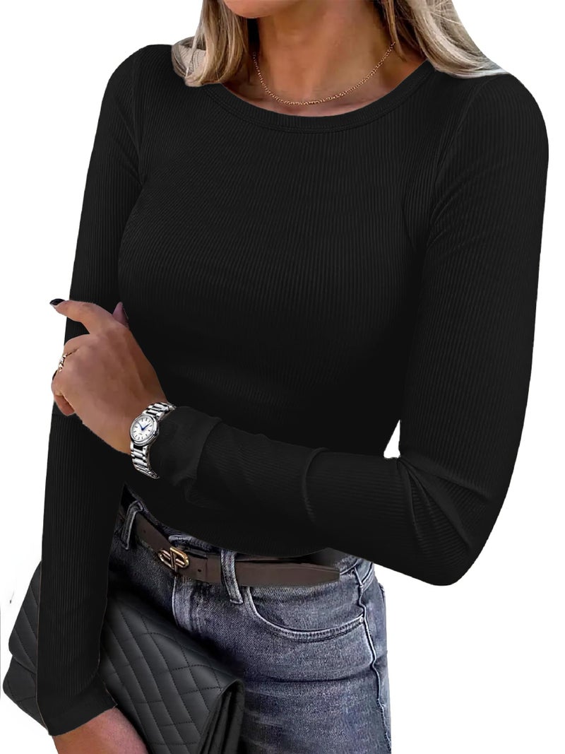 QUALFORT Women's Long Sleeve Shirts Ribbed Knit Tops Slim Fit Crewneck Basic Tee 2026 Casual T-Shirt Going Out Fall Outfits Black Large - Image 1