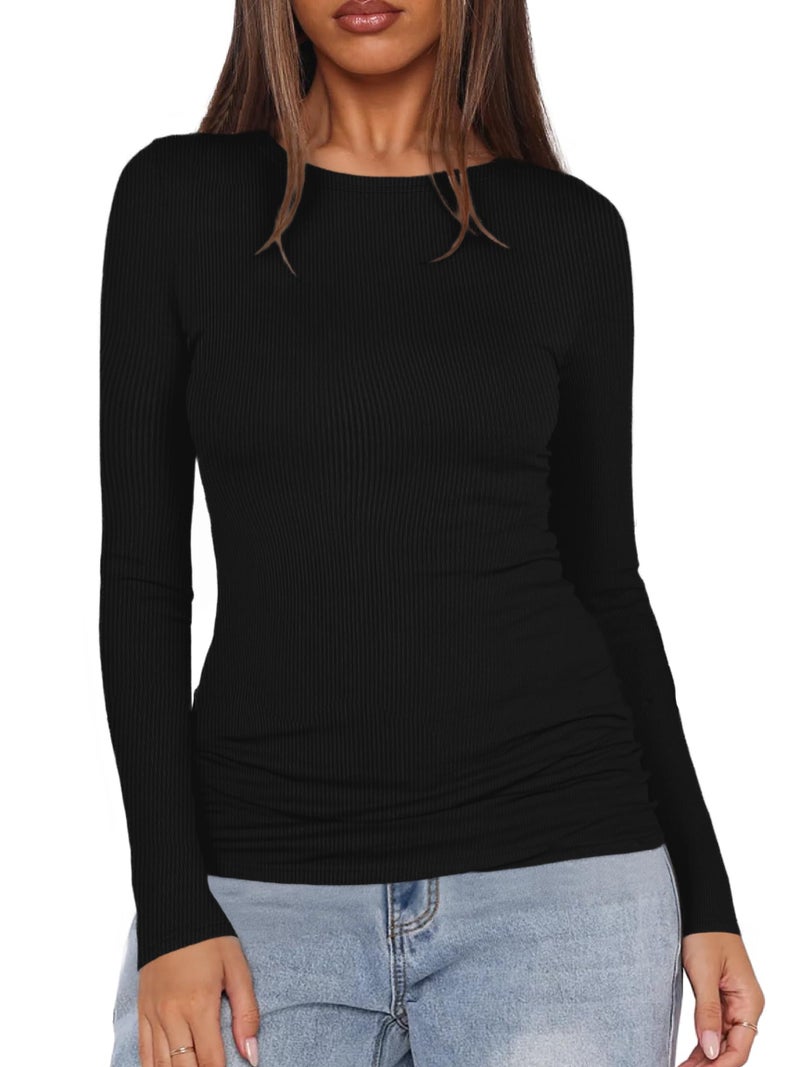 QUALFORT Women's Long Sleeve Shirts Ribbed Knit Tops Slim Fit Crewneck Basic Tee 2026 Casual T-Shirt Going Out Fall Outfits Black Large - Image 3