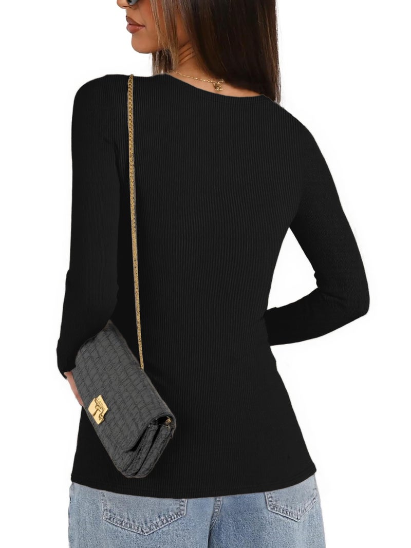 QUALFORT Women's Long Sleeve Shirts Ribbed Knit Tops Slim Fit Crewneck Basic Tee 2026 Casual T-Shirt Going Out Fall Outfits Black Large - Image 5