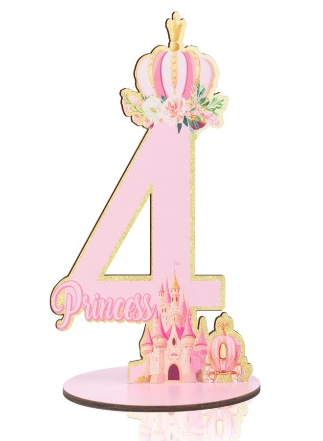 CORNER LACE Princess 4th Birthday Number Sign Centerpiece, Wooden Table Decoration Pink Glitter Gold, Four Years Old Birthday Parties Photo Props Supplies Decor - Image 1