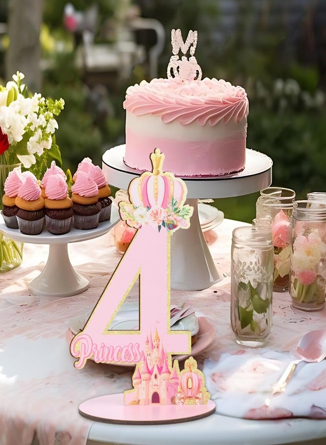 CORNER LACE Princess 4th Birthday Number Sign Centerpiece, Wooden Table Decoration Pink Glitter Gold, Four Years Old Birthday Parties Photo Props Supplies Decor - Image 3