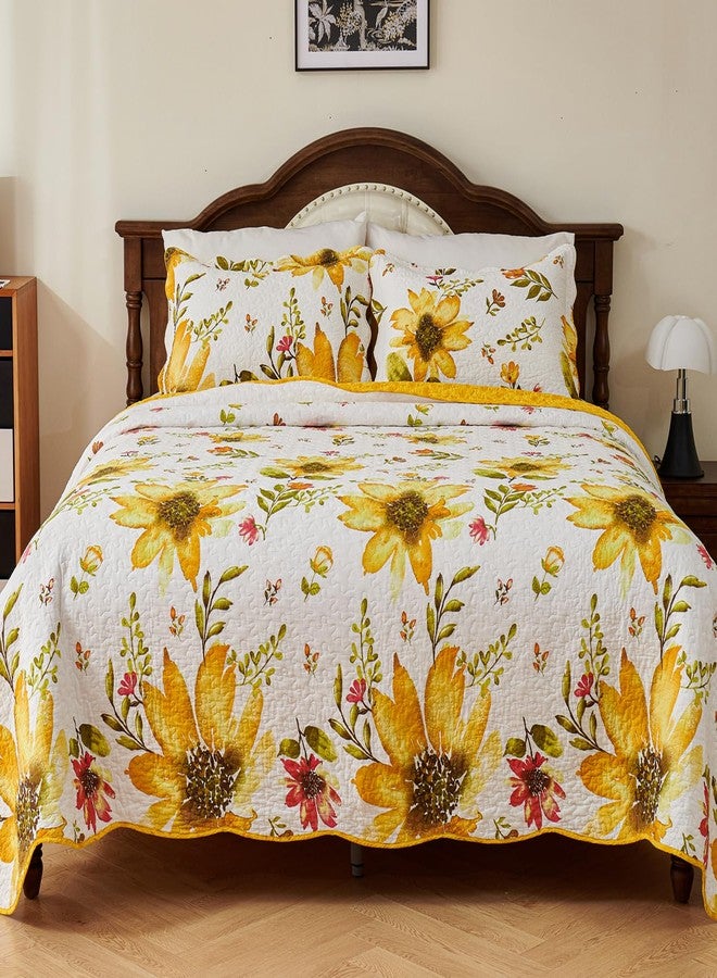 EVENHUG 100% Cotton Quilt Queen Size Yellow Sunflower Bedding Set Floral Lightweight Quilt Reversible Coverlet Bedspread with 2 Pillow Shams All Seasons 3 Pieces (92"x96") - Image 5