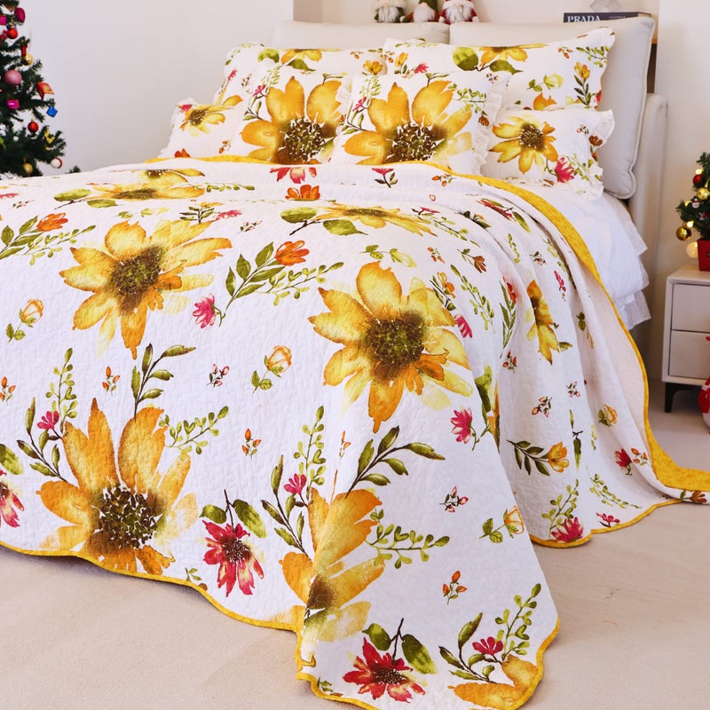 EVENHUG 100% Cotton Quilt Queen Size Yellow Sunflower Bedding Set Floral Lightweight Quilt Reversible Coverlet Bedspread with 2 Pillow Shams All Seasons 3 Pieces (92"x96") - Image 1