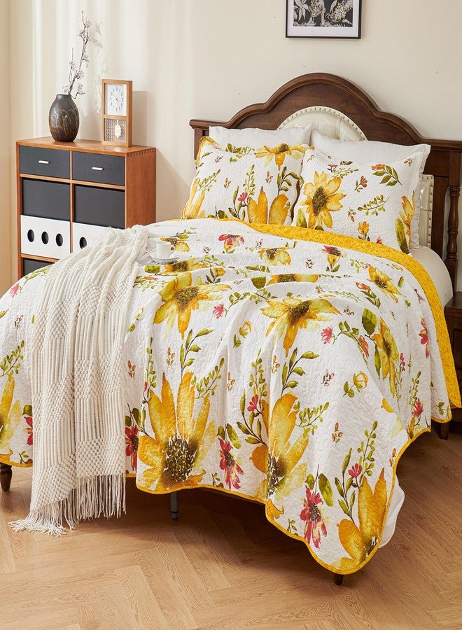EVENHUG 100% Cotton Quilt Queen Size Yellow Sunflower Bedding Set Floral Lightweight Quilt Reversible Coverlet Bedspread with 2 Pillow Shams All Seasons 3 Pieces (92"x96") - Image 2