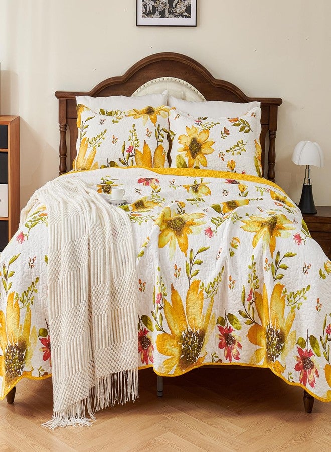 EVENHUG 100% Cotton Quilt Queen Size Yellow Sunflower Bedding Set Floral Lightweight Quilt Reversible Coverlet Bedspread with 2 Pillow Shams All Seasons 3 Pieces (92"x96") - Image 3