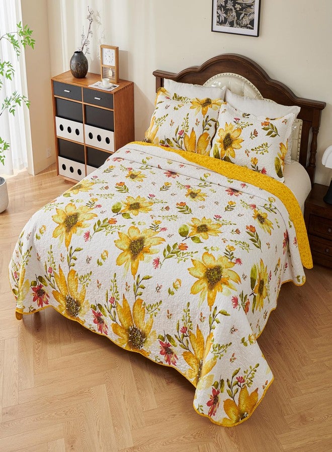 EVENHUG 100% Cotton Quilt Queen Size Yellow Sunflower Bedding Set Floral Lightweight Quilt Reversible Coverlet Bedspread with 2 Pillow Shams All Seasons 3 Pieces (92"x96") - Image 4