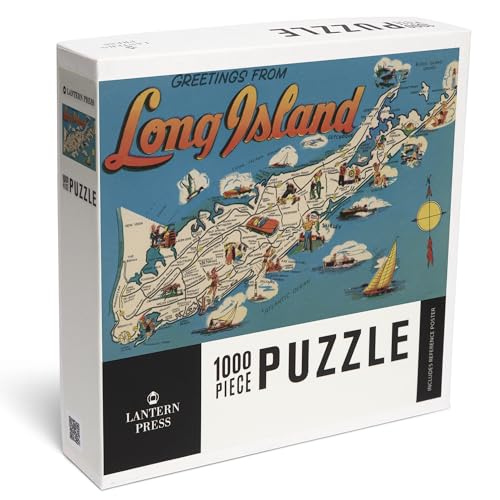 Lantern Press Greetings from Long Island New York View Vintage Halftone 1000 Piece Jigsaw Puzzle for Adults Made in USA with Reference Poster - Image 1
