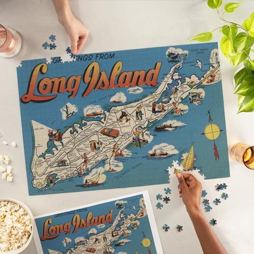 Lantern Press Greetings from Long Island New York View Vintage Halftone 1000 Piece Jigsaw Puzzle for Adults Made in USA with Reference Poster - Image 5