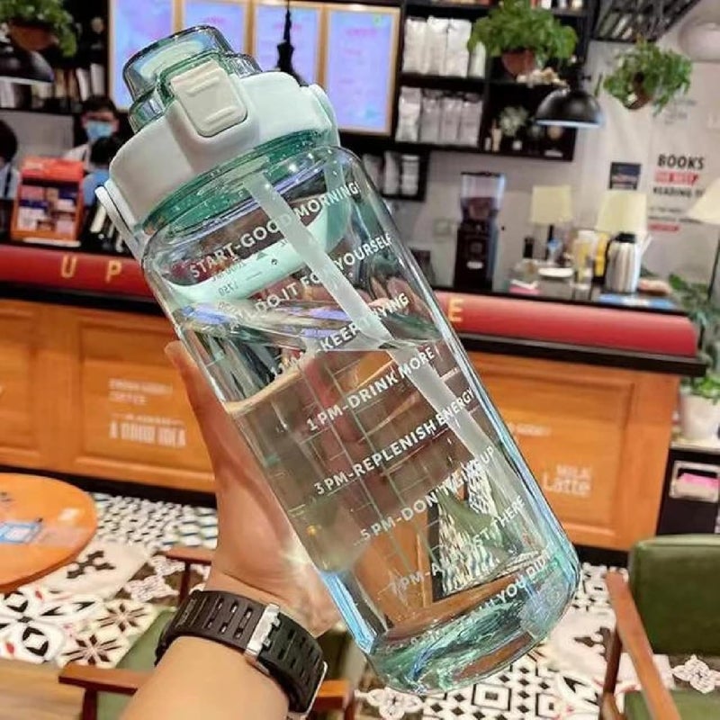 ZOREKI 2 L Abs Transparent Motivational Water Bottles With Time Marker Gym Big Bottle Straw HandleLeakproof BpaFree Fitness Sports Bottle2000 ML FIROZI GREEN - Image 1