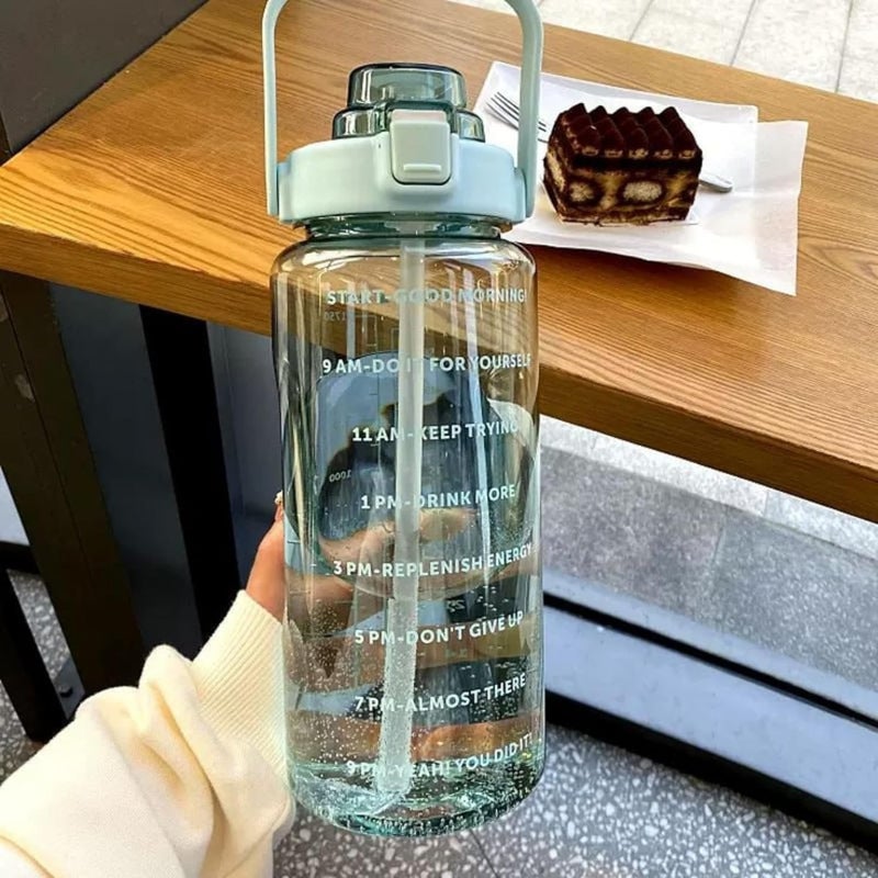 ZOREKI 2 L Abs Transparent Motivational Water Bottles With Time Marker Gym Big Bottle Straw HandleLeakproof BpaFree Fitness Sports Bottle2000 ML FIROZI GREEN - Image 2