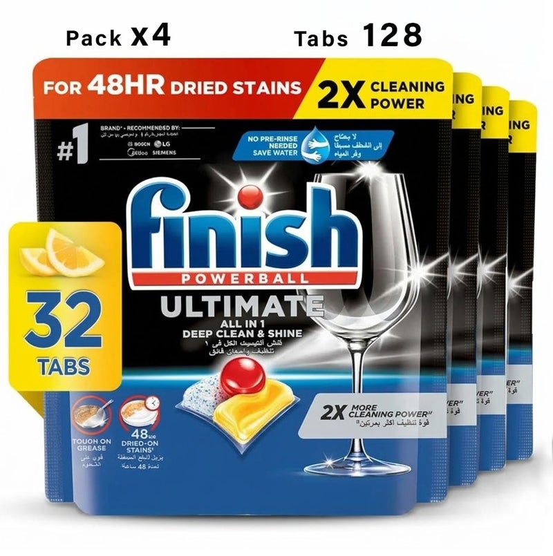 Finish Ultimate Dishwasher Tablets Lemon Sparkle 32 Tablets x 4 Pack, 128 Dishwasher Detergent Tablets, Powerful Cleaning & Shine