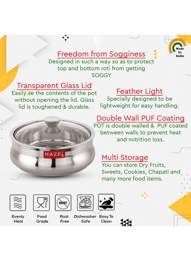 Hazel قدر هازيل من الفولاذ المقاوم للصدأ للروتي مع غطاء زجاجي | 1250 مل قدر شاباتي مع غطاء شفاف | علبة روتي من الفولاذ للتقديم | حافظة ساخنة لتقديم الطعام - Image 3