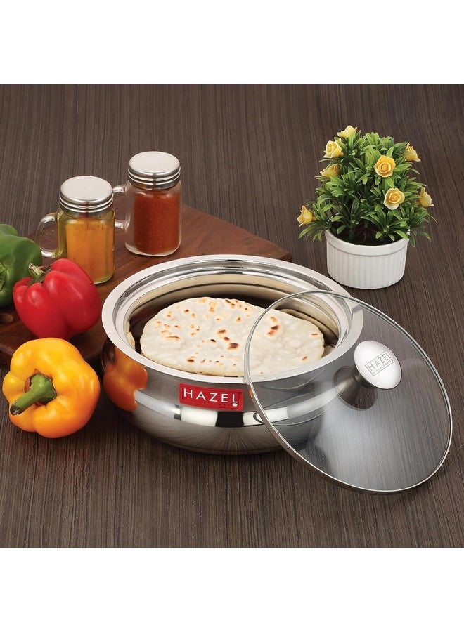 Hazel قدر هازيل من الفولاذ المقاوم للصدأ للروتي مع غطاء زجاجي | 1250 مل قدر شاباتي مع غطاء شفاف | علبة روتي من الفولاذ للتقديم | حافظة ساخنة لتقديم الطعام - Image 2