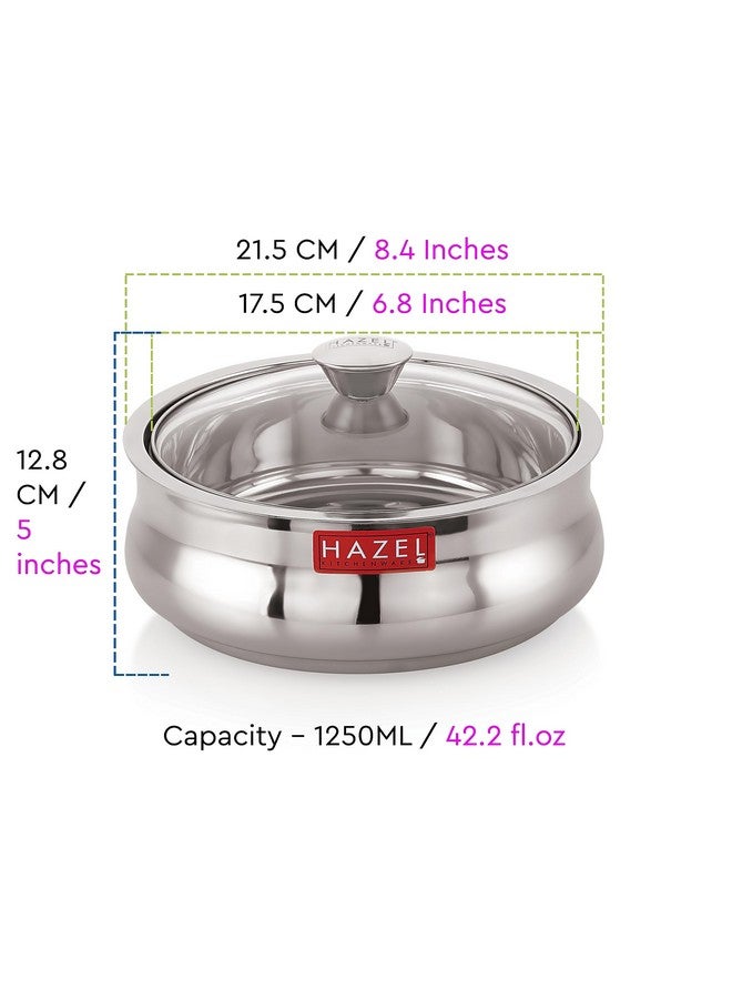 Hazel قدر هازيل من الفولاذ المقاوم للصدأ للروتي مع غطاء زجاجي | 1250 مل قدر شاباتي مع غطاء شفاف | علبة روتي من الفولاذ للتقديم | حافظة ساخنة لتقديم الطعام - Image 4