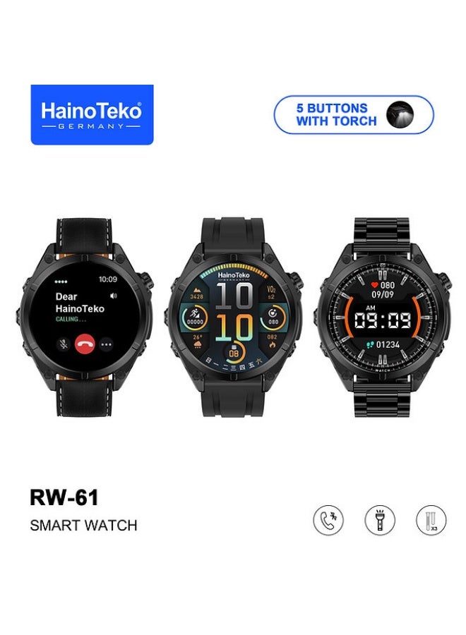 هينو تيكو ساعة هاينو تيكو RW-61 الذكية بشاشة AMOLED دائرية الشكل ومصباح يدوي مدمج و3 أزواج من الأشرطة وكابل شحن مصممة للسيدات والرجال باللون الأسود - Image 1
