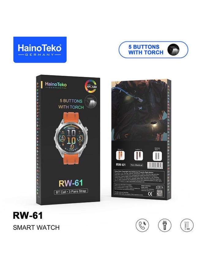 هينو تيكو ساعة هاينو تيكو RW-61 الذكية بشاشة AMOLED دائرية الشكل ومصباح يدوي مدمج و3 أزواج من الأشرطة وكابل شحن مصممة للسيدات والرجال باللون الأسود - Image 3