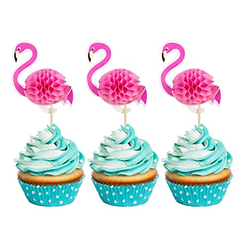 Ephlyn 24pcs 3D Flamingo Cupcake Toppers Tropical Aloha Luau Cupcake Picks for Baby Shower Summer Party Wedding Birthday Cake Decorations - Image 1