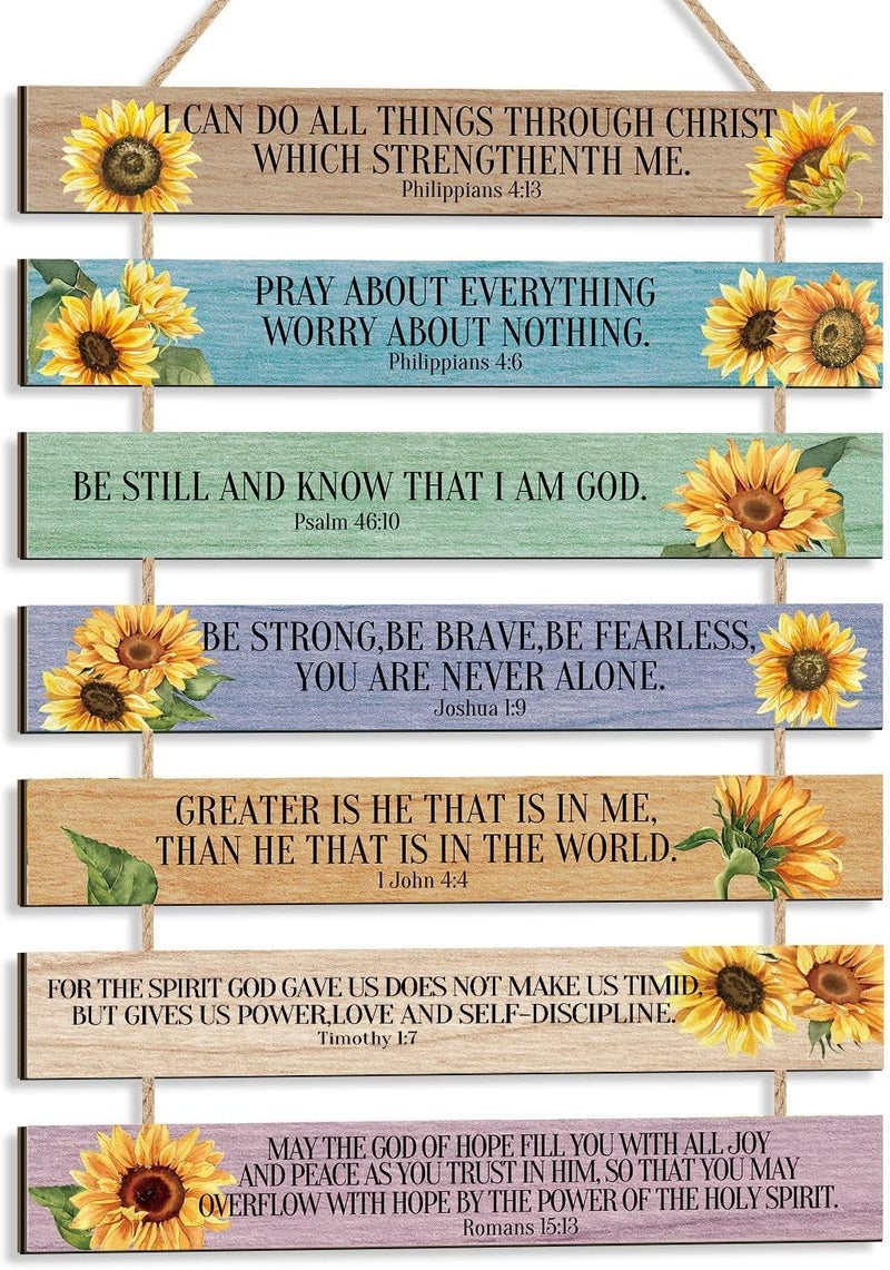 اي ار اس لوحة خشبية تحمل آية من الكتاب المقدس، لوحة جدارية مسيحية مزينة بزهرة عباد الشمس، لوحات خشبية تحمل آية من الكتاب المقدس (1.5 بوصة × 12 بوصة)، لوحة جدارية مستوحاة من الكتاب المقدس للمنزل الريفي، لوحة جدارية ملهمة مستوحاة من الكتاب المقدس للمنزل، أو المطبخ، أو المكتب (متعددة الألوان) عبوة من 7 قطع - Image 1