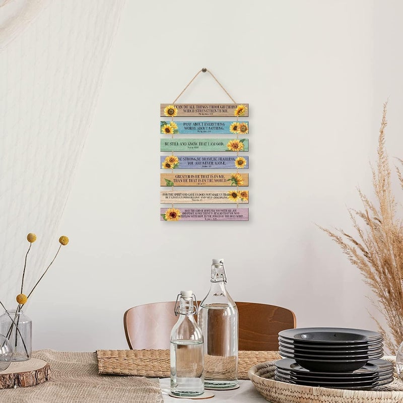 اي ار اس لوحة خشبية تحمل آية من الكتاب المقدس، لوحة جدارية مسيحية مزينة بزهرة عباد الشمس، لوحات خشبية تحمل آية من الكتاب المقدس (1.5 بوصة × 12 بوصة)، لوحة جدارية مستوحاة من الكتاب المقدس للمنزل الريفي، لوحة جدارية ملهمة مستوحاة من الكتاب المقدس للمنزل، أو المطبخ، أو المكتب (متعددة الألوان) عبوة من 7 قطع - Image 5