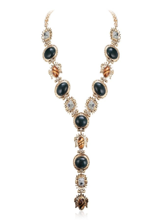 Flyonce Boho Vintage Style Y-Shaped Necklace for Women, Ethnic Multi Color Retro Stone Beaded Black Statement Choker Collar Necklaces Bohemian Jewelry for Summer Holiday Antique Gold-Tone - Image 1